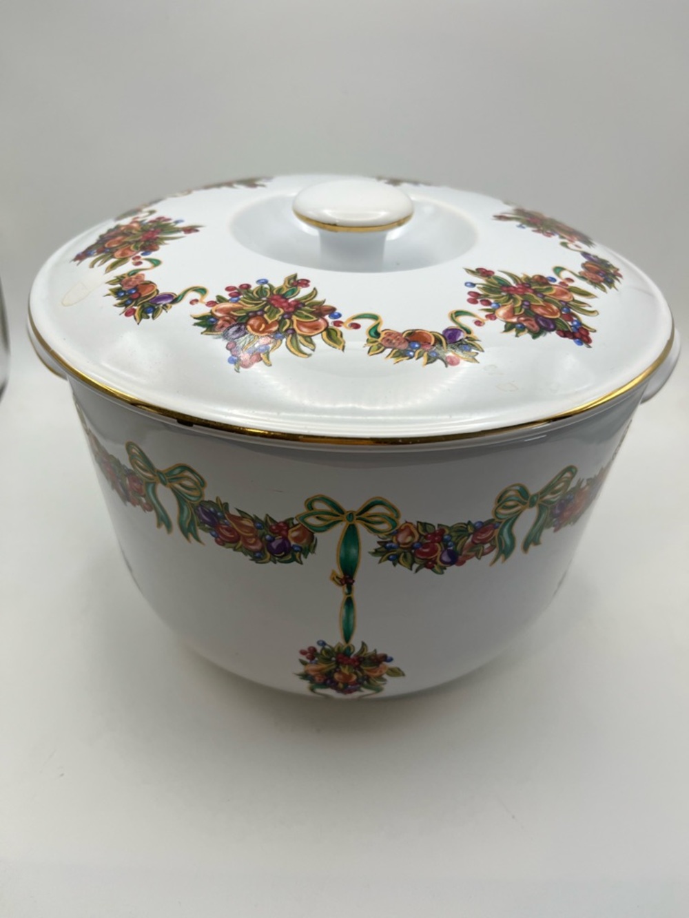 White Floral Gold-Trim Covered Serving Bowl